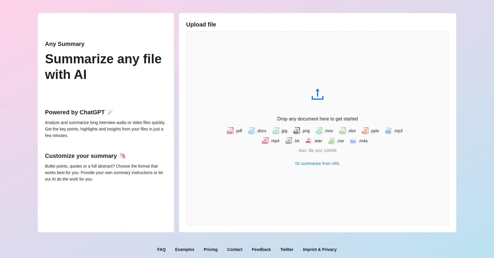 Any Summary homepage screenshot — Summarize any file with AI in minutes