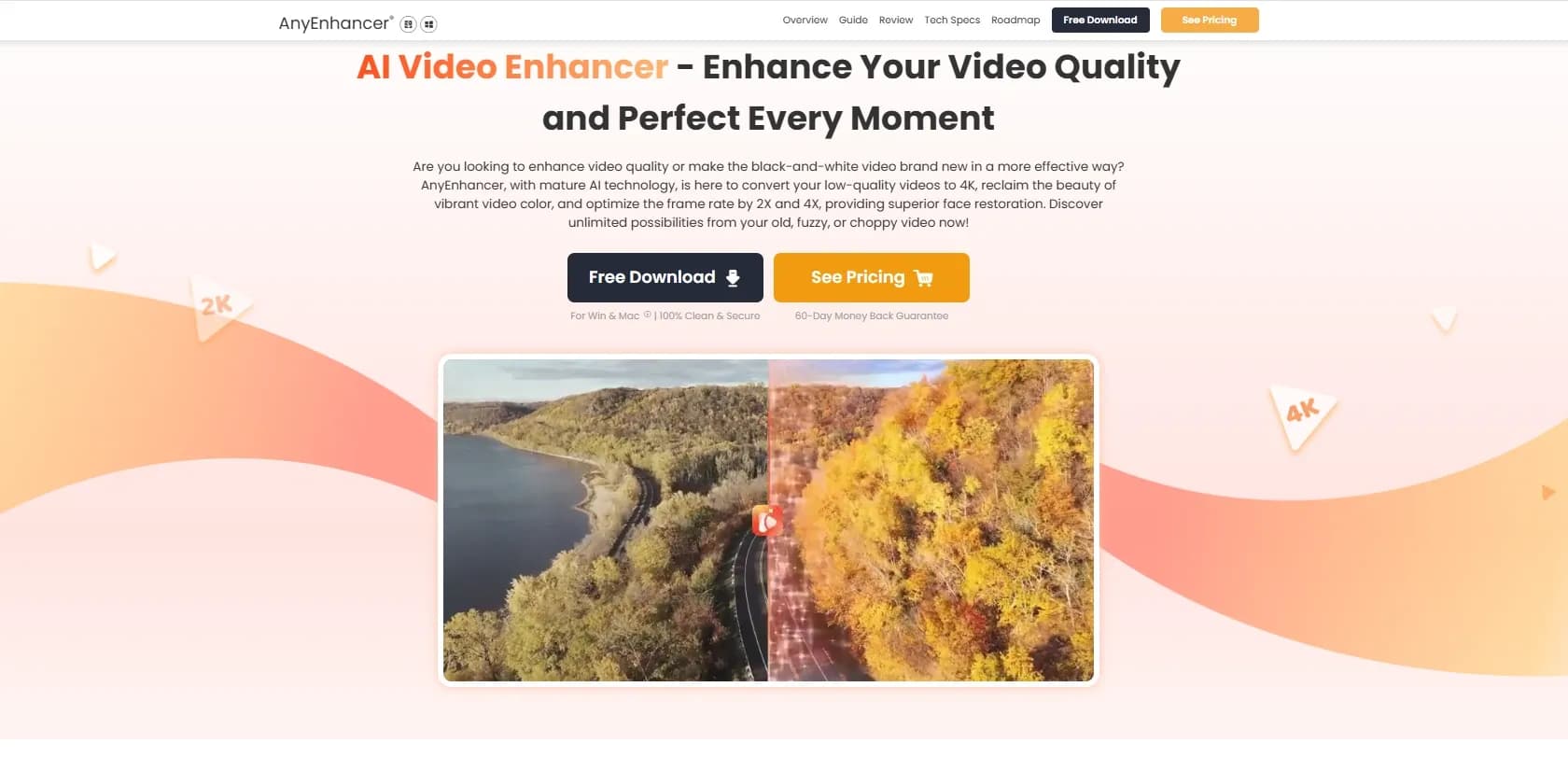 AnyEnhancer by iMobie homepage screenshot — Elevate your videos with AI-powered enhancement.