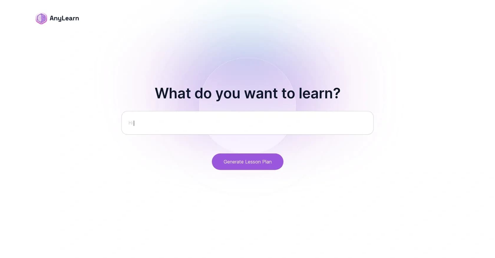 Anylearn homepage screenshot — Instantly generate custom lesson plans on any topic.