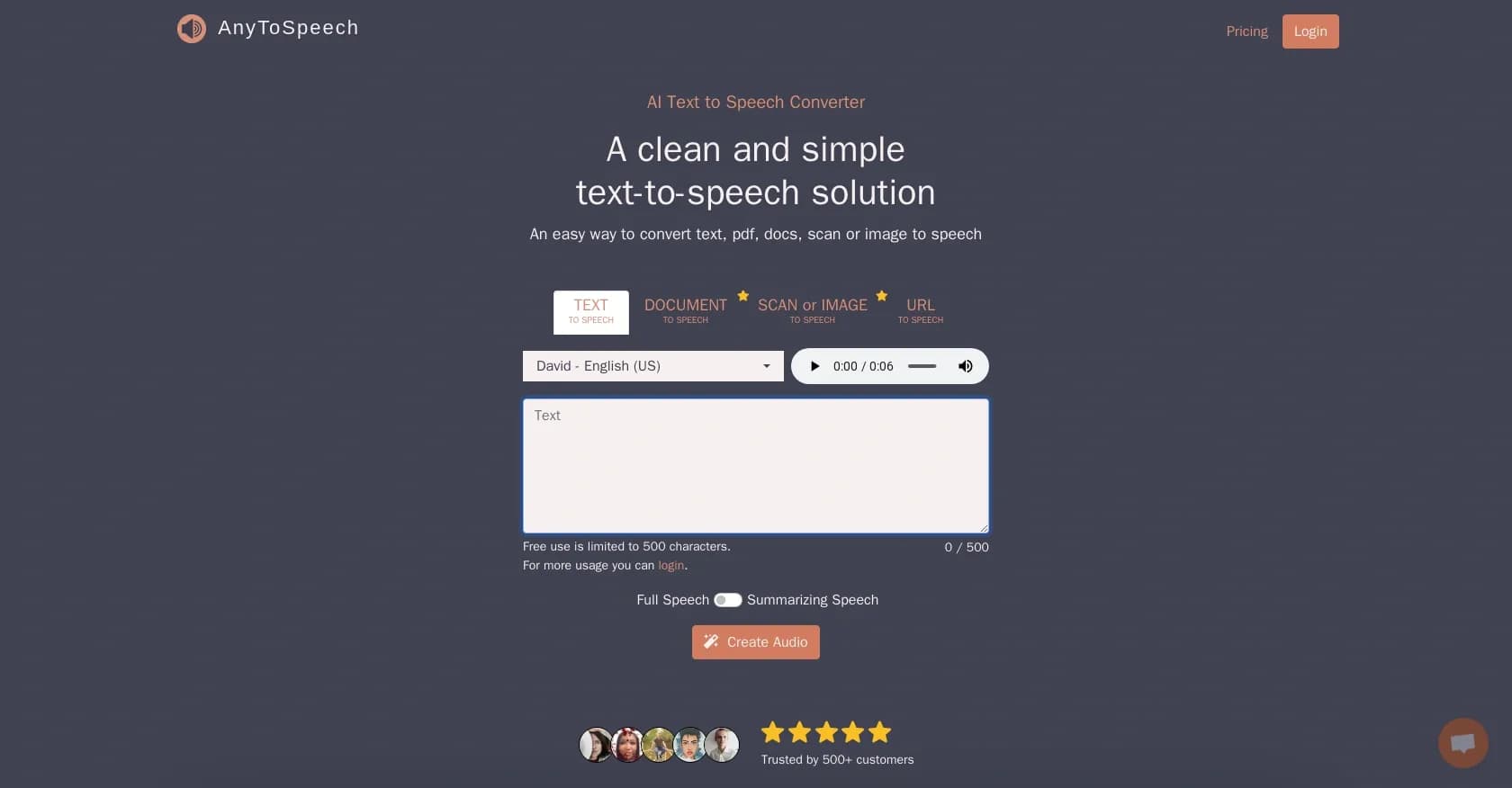 AnyToSpeech homepage screenshot — Content to speech for accessibility.