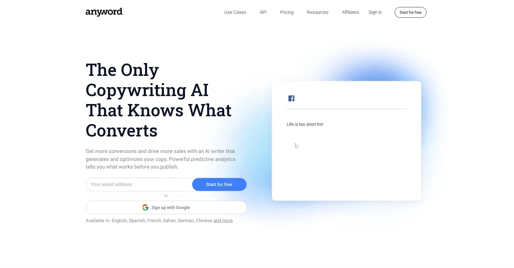 Anyword homepage screenshot — AI-powered copywriting that converts.