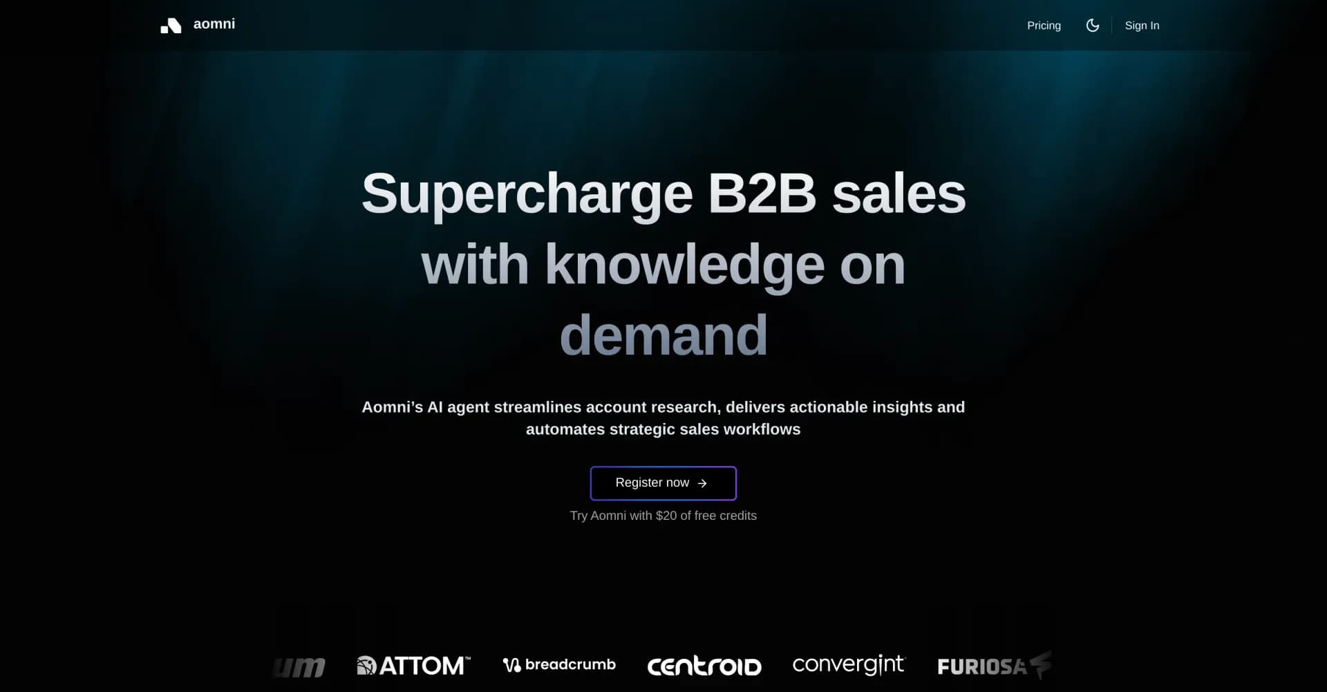 Aomni homepage screenshot — Supercharge B2B sales with AI-driven insights.