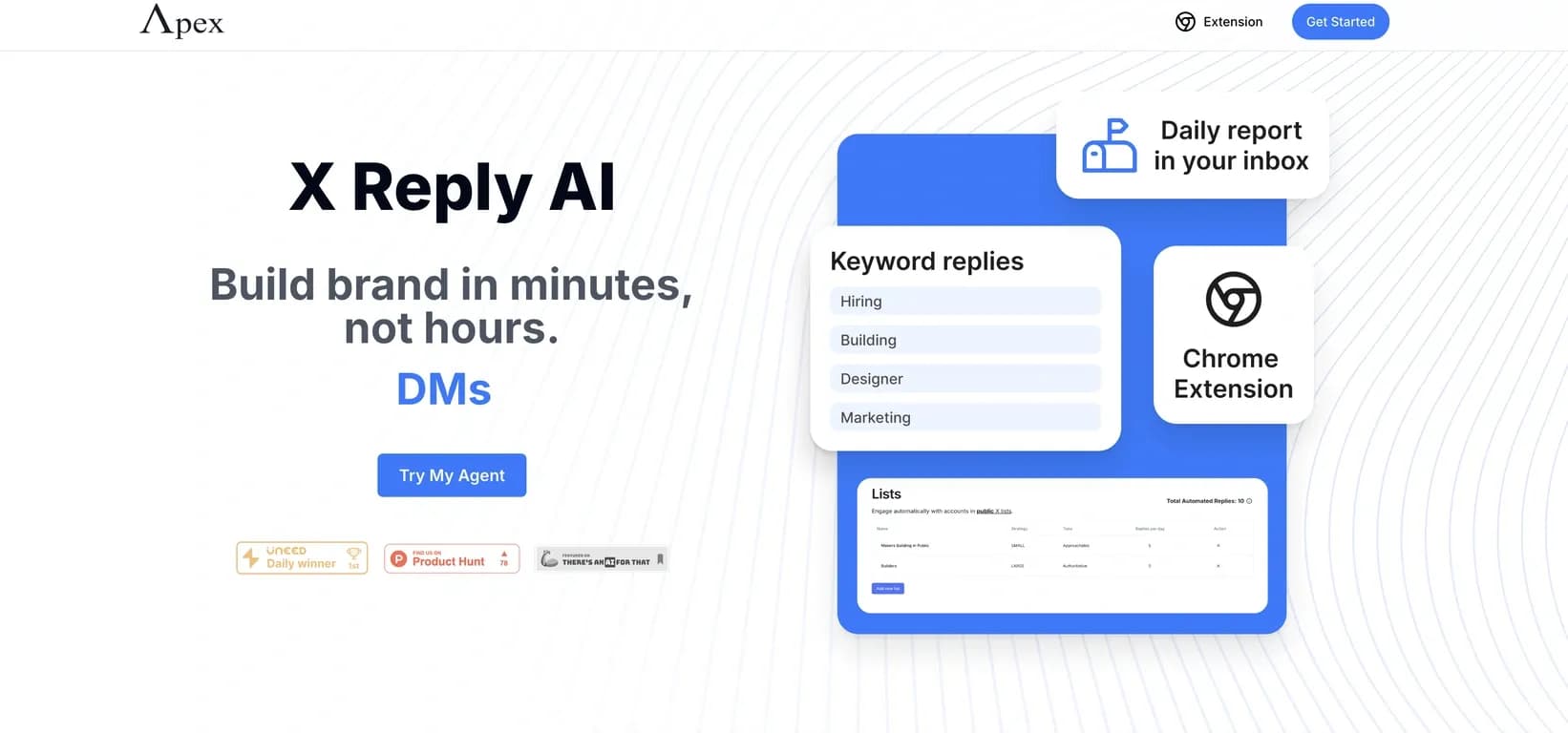Apex - X Reply AI homepage screenshot — Build brand in minutes, not hours.