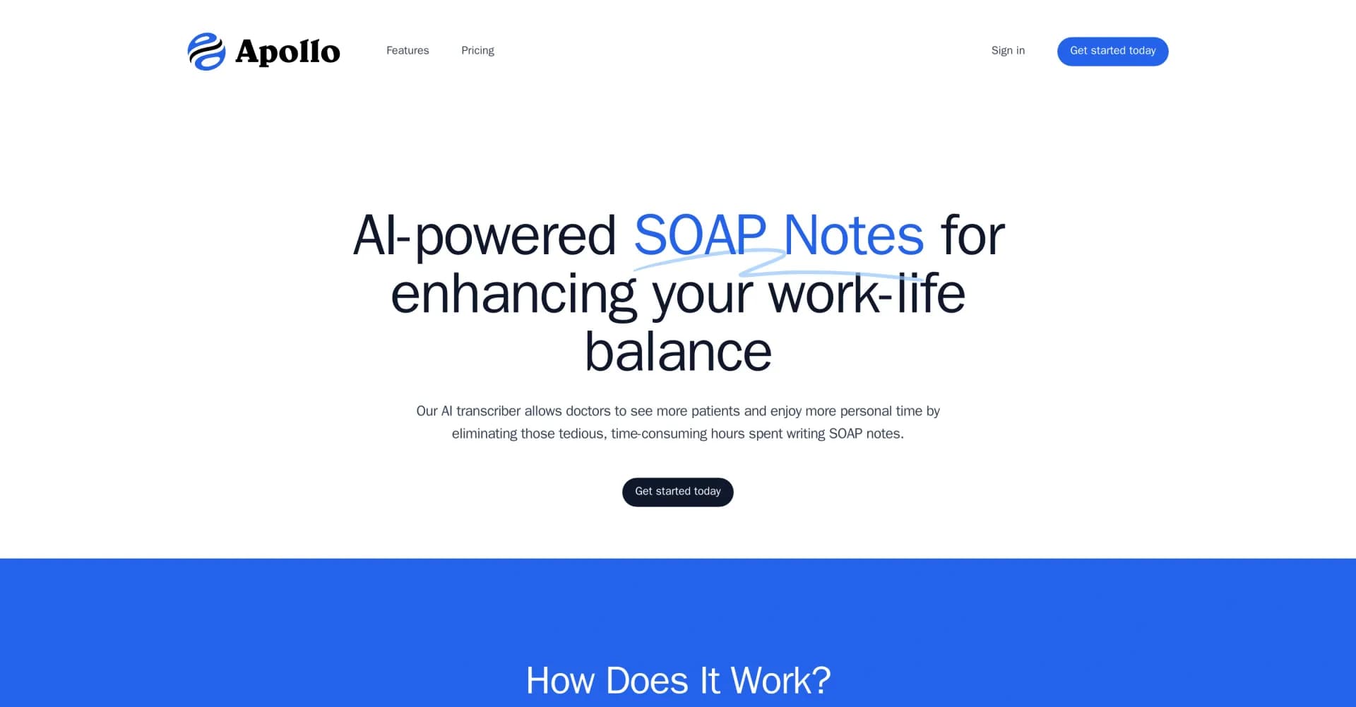 Apollo Health MD homepage screenshot — AI-driven SOAP notes for better work-life balance.