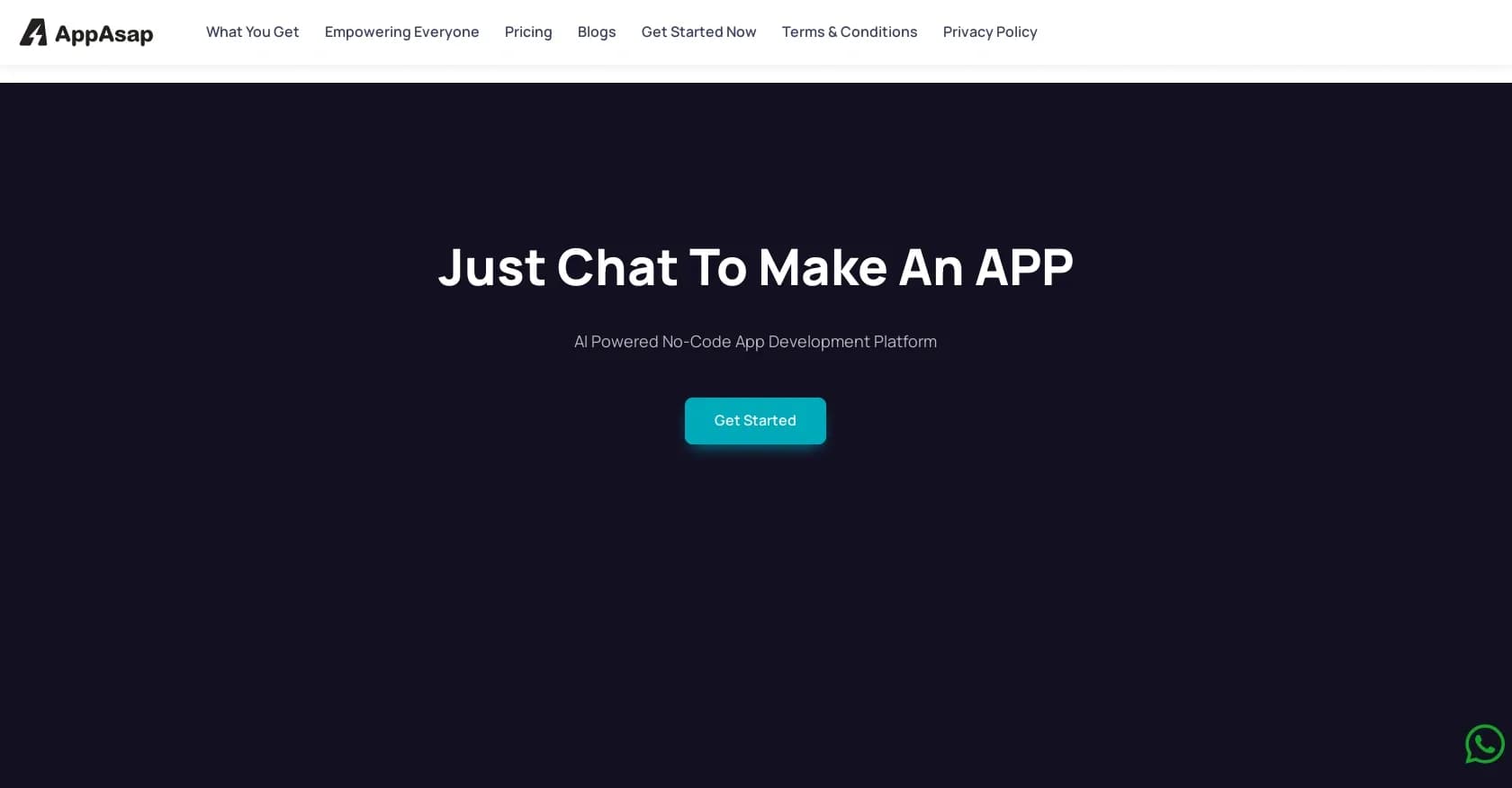 AppAsap homepage screenshot — Just chat to make an app