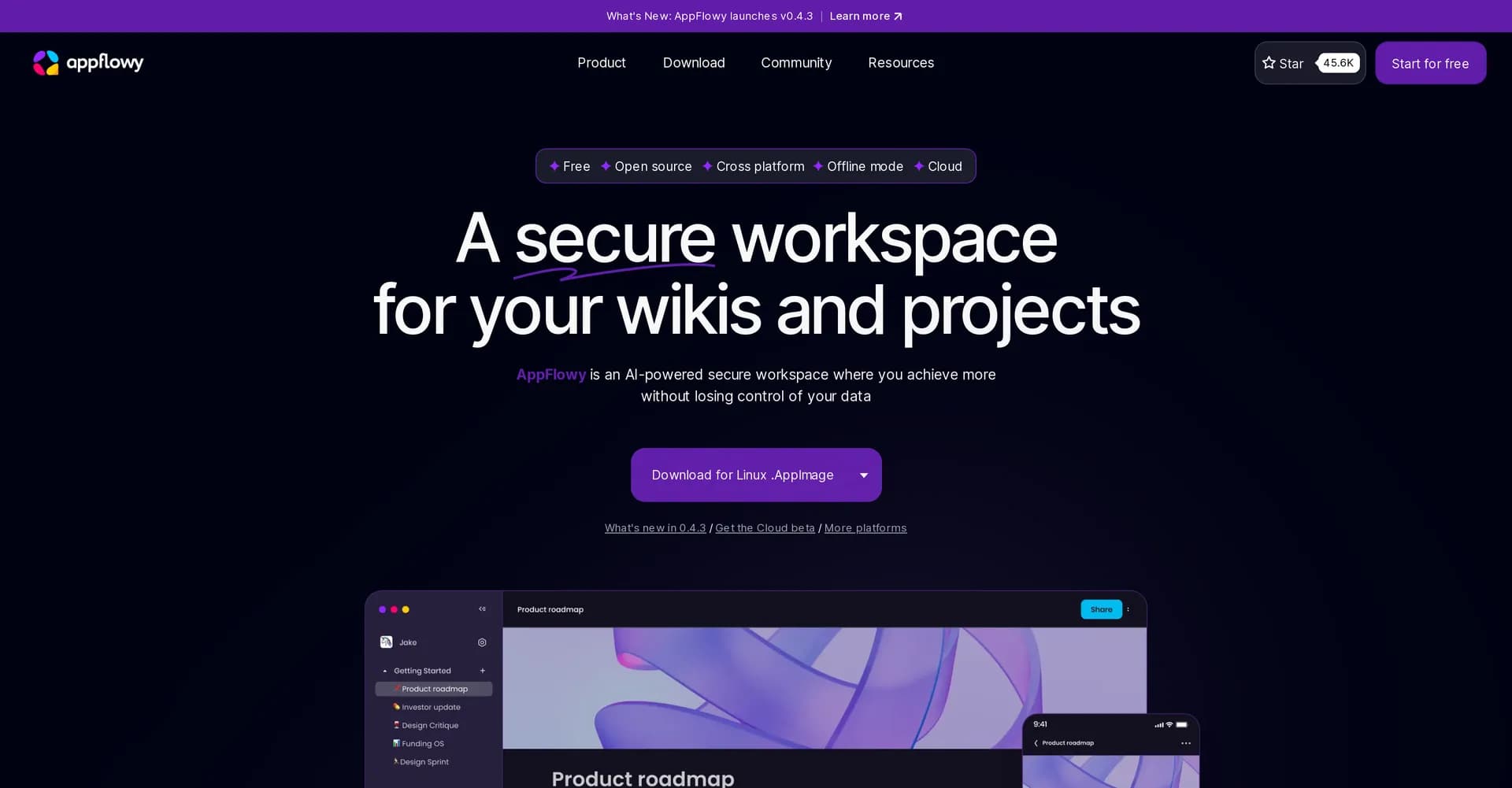 AppFlowy homepage screenshot — AI-powered secure workspace for your data.