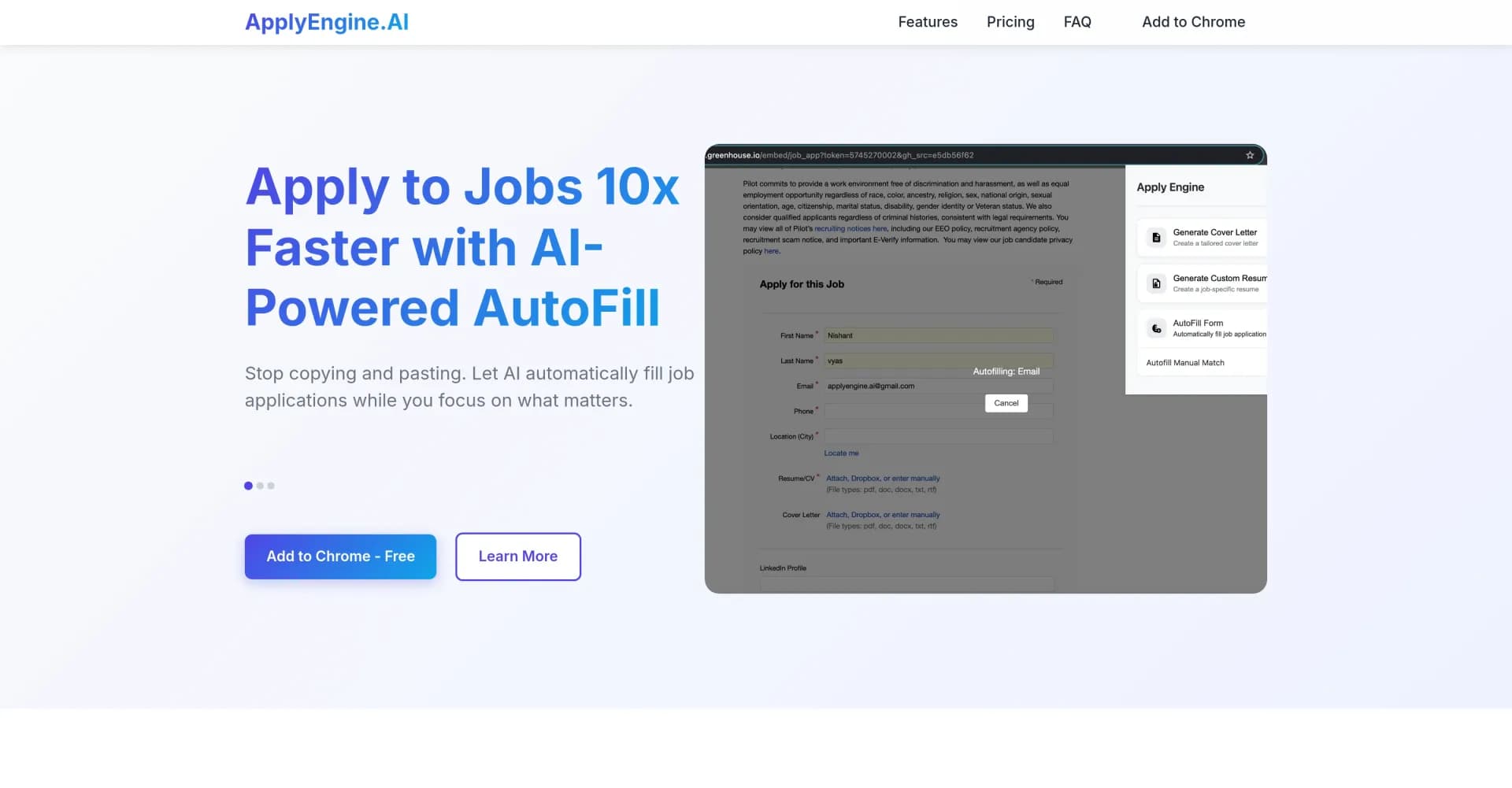 ApplyEngine.AI homepage screenshot — AI-powered autofill for lightning-fast job applications