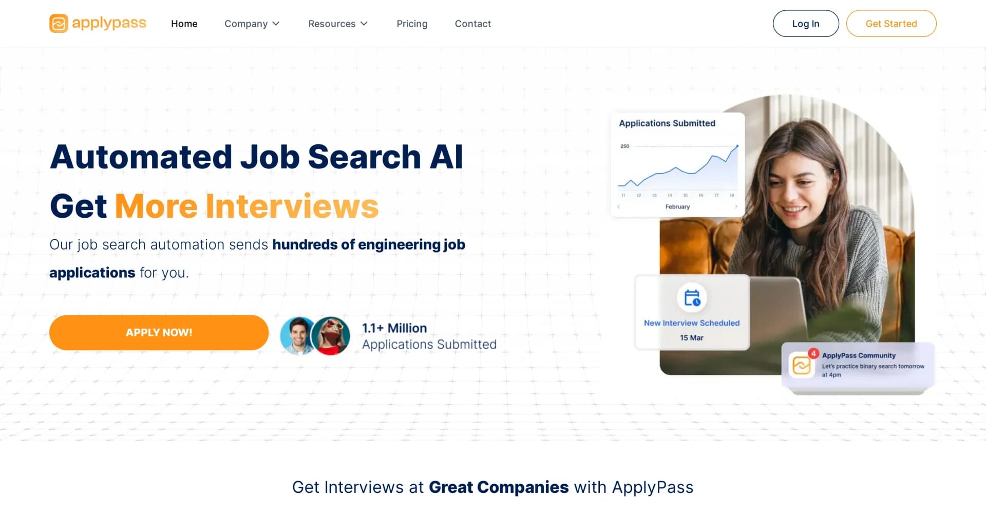 ApplyPass homepage screenshot — Automate your job search and get more interviews.