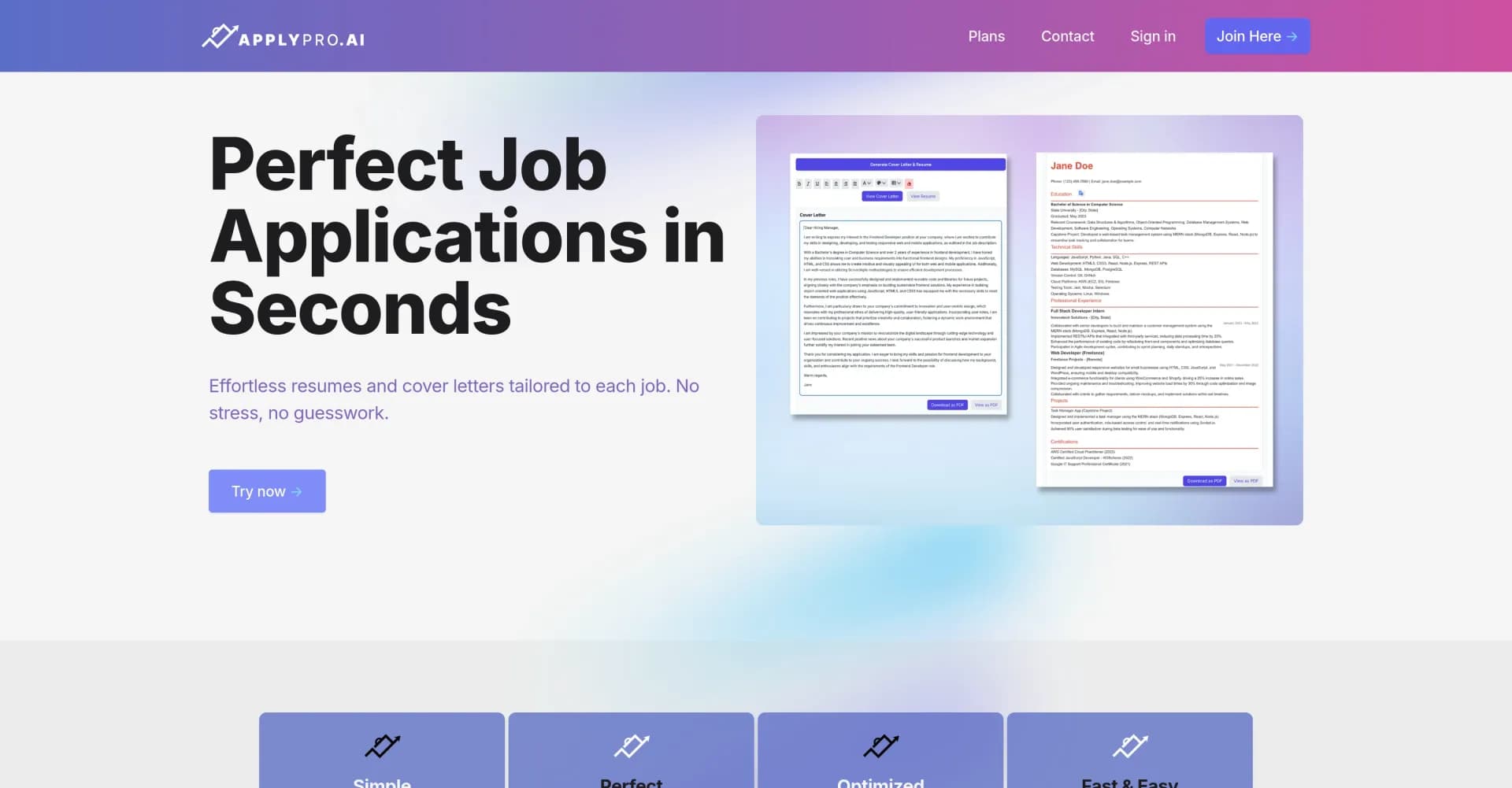 ApplyPro homepage screenshot — Perfect job applications in seconds