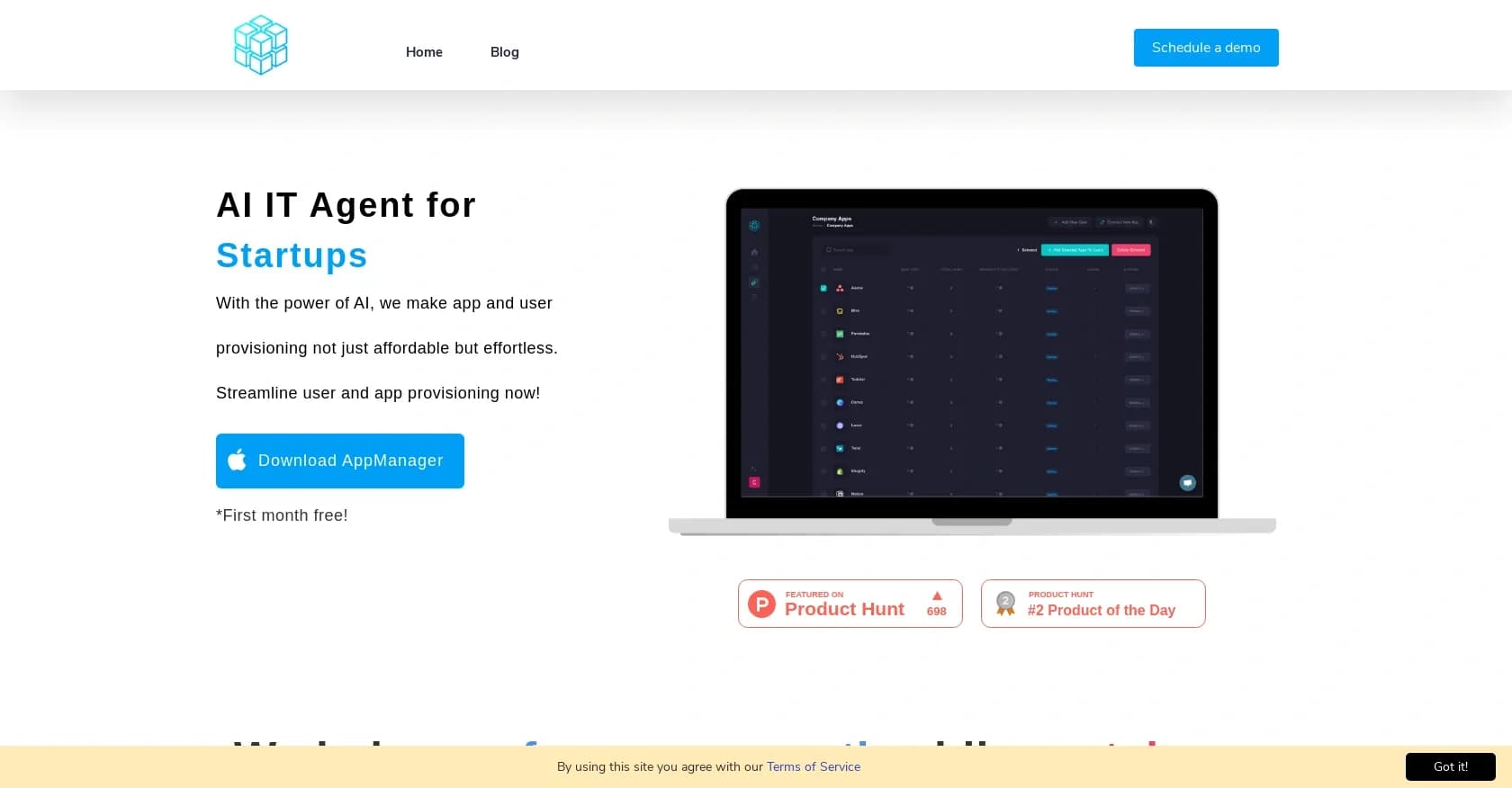 Appmanager homepage screenshot — AI-powered app and user provisioning for startups.