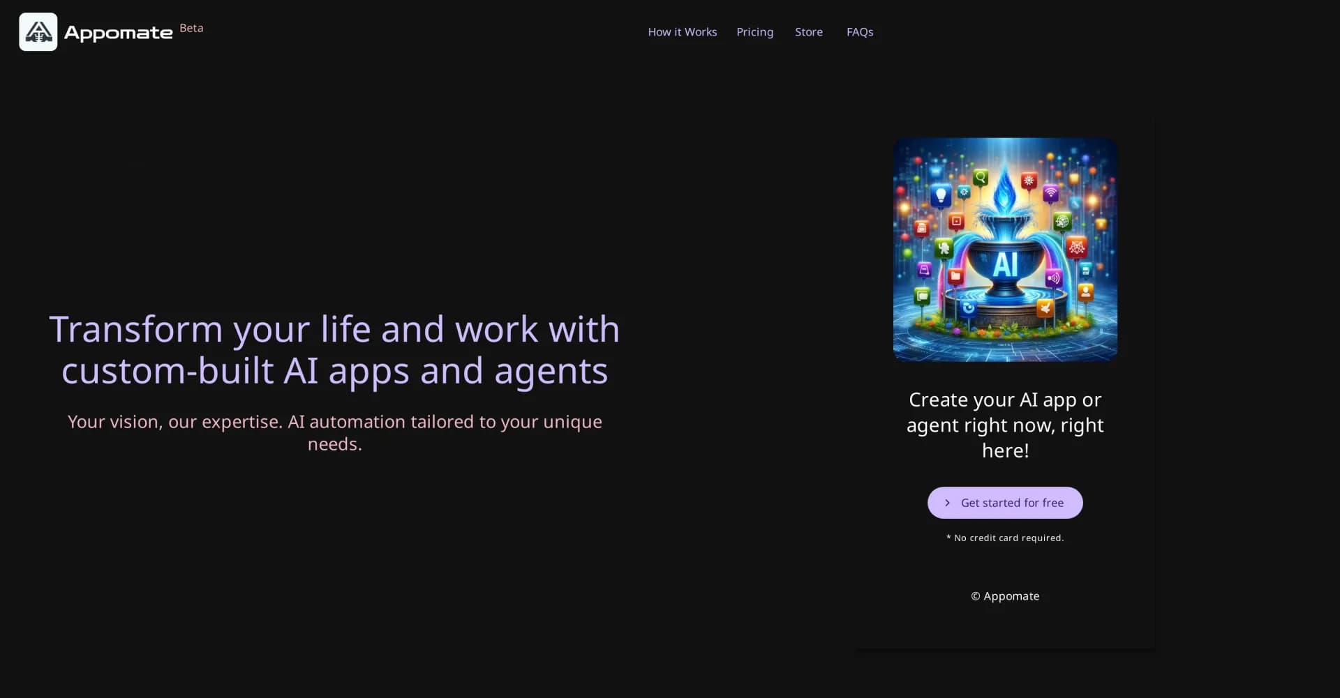 Appomate homepage screenshot — Custom AI apps and agents for life and work transformation.
