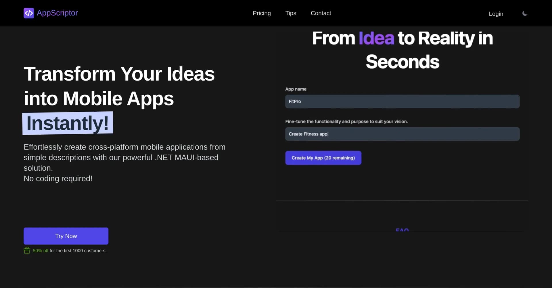 AppScriptor homepage screenshot — Create mobile and desktop apps from a prompt using AI