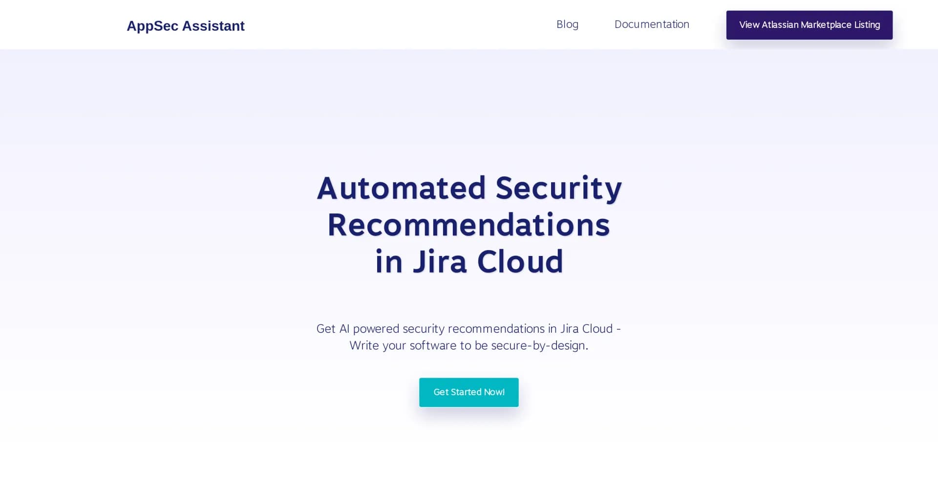 AppSec Assistant homepage screenshot — Streamline security workflows with AI recommendations in Jir
