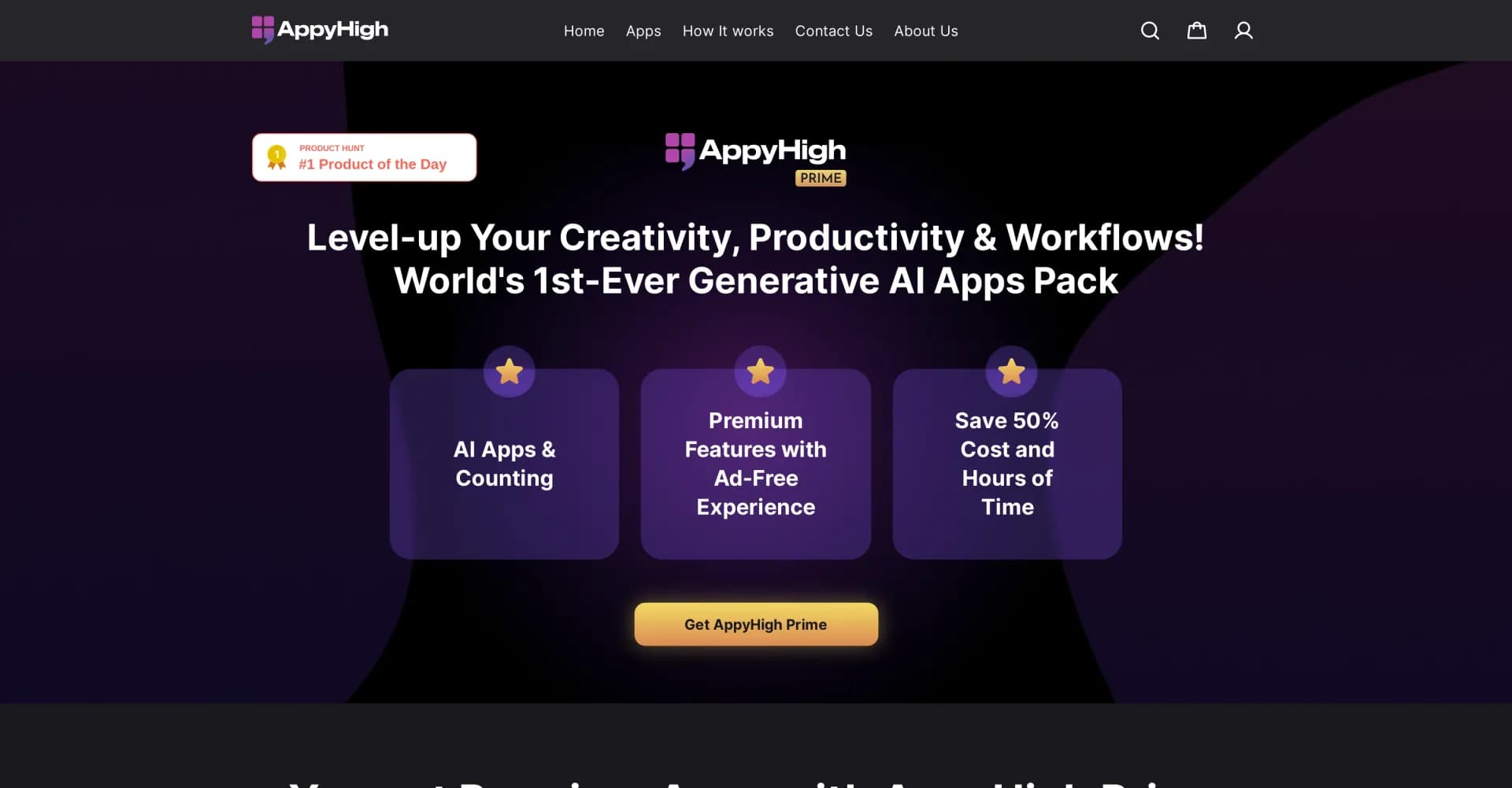 AppyHigh homepage screenshot — Boost creativity with AI app bundle.