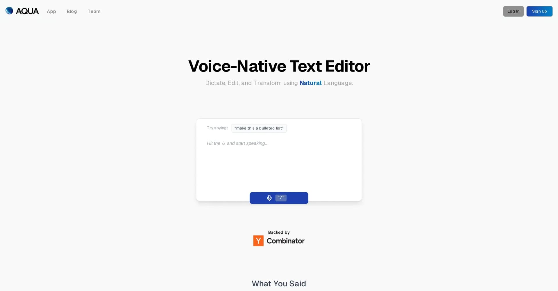 Aqua Voice homepage screenshot — Voice-driven text editing for effortless document creation.
