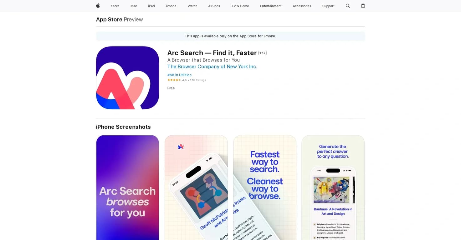 Arc Search homepage screenshot — Find it, Faster with Arc Search