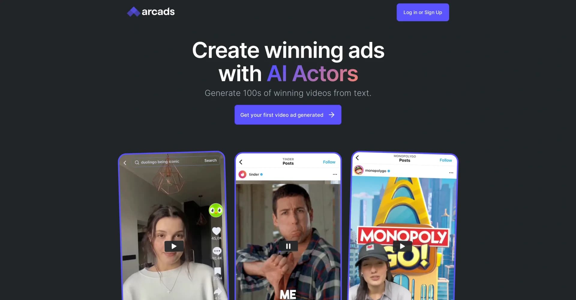 Arcads homepage screenshot — Generate AI-powered video ads from product links.
