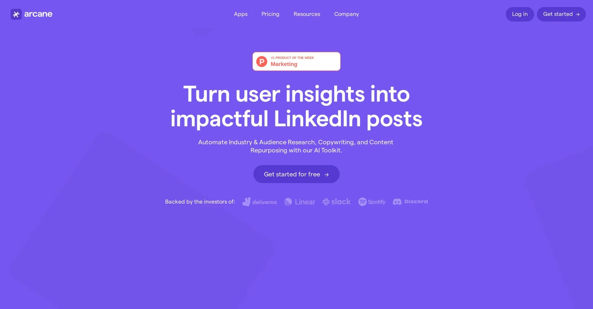 Arcane homepage screenshot — Turn user insights into impactful LinkedIn posts