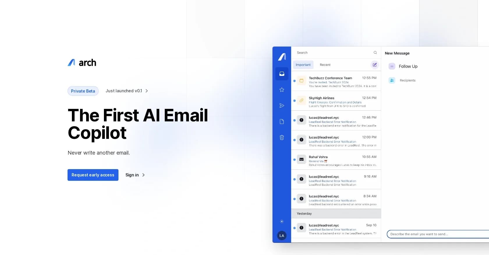 Arch AI homepage screenshot — The first AI email copilot to boost productivity.