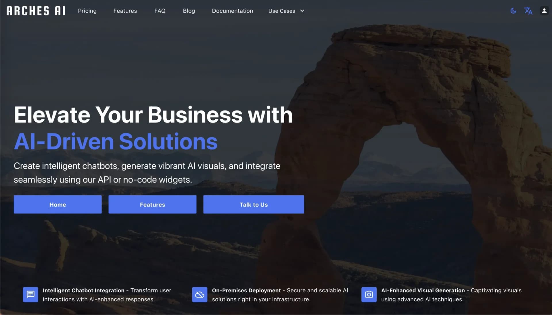 Arches AI homepage screenshot — Create custom chatbots and generate media