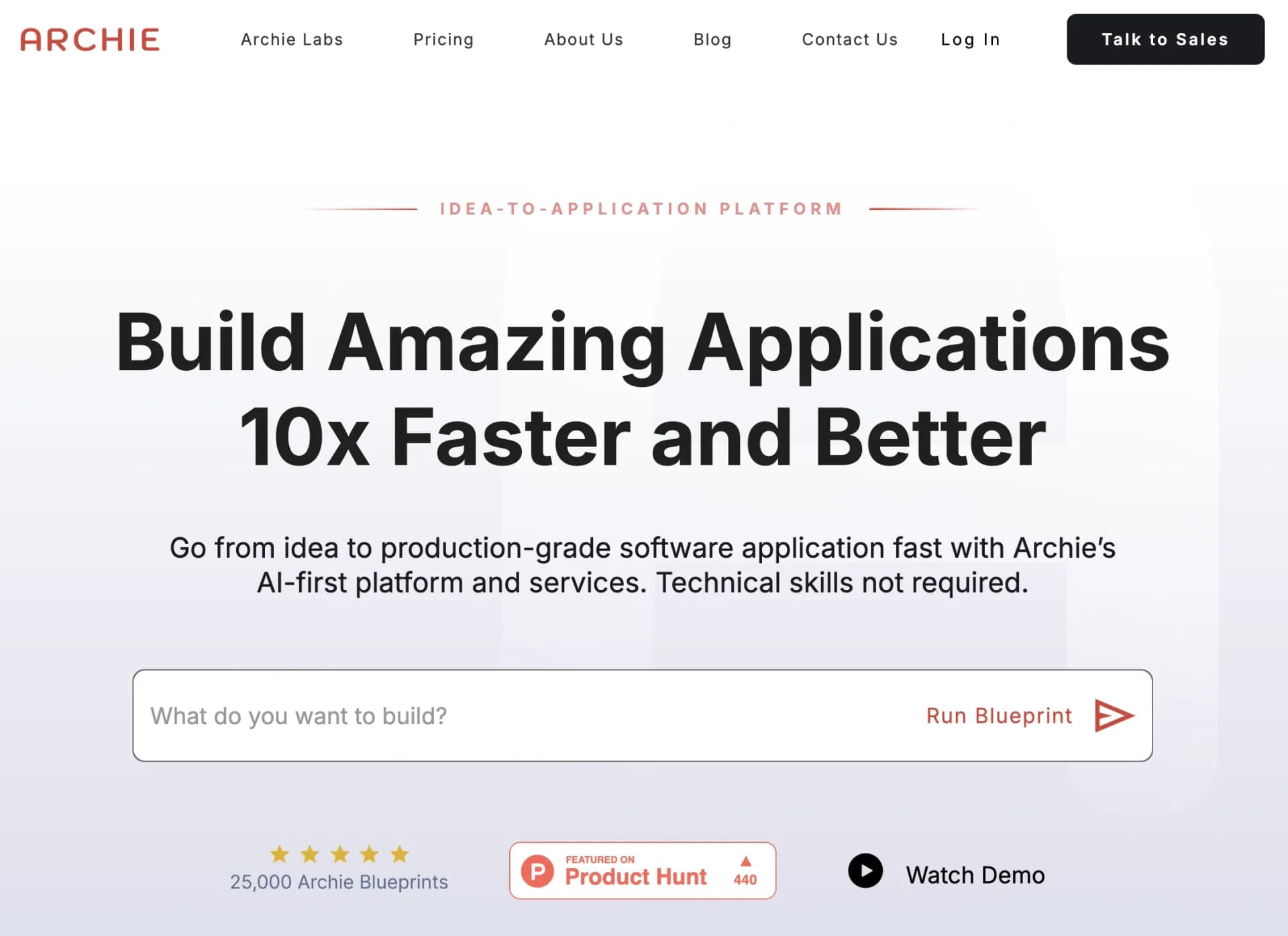 Archie AIv2.3 homepage screenshot — From idea to software application fast with Archie’s AI-firs