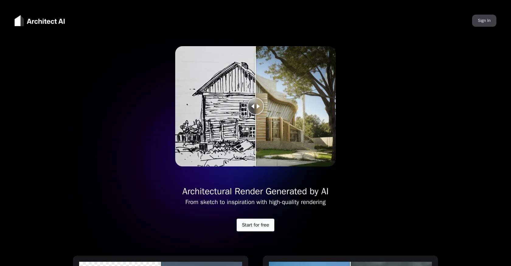 Architect AI homepage screenshot — Architectural renderings for design and communication.