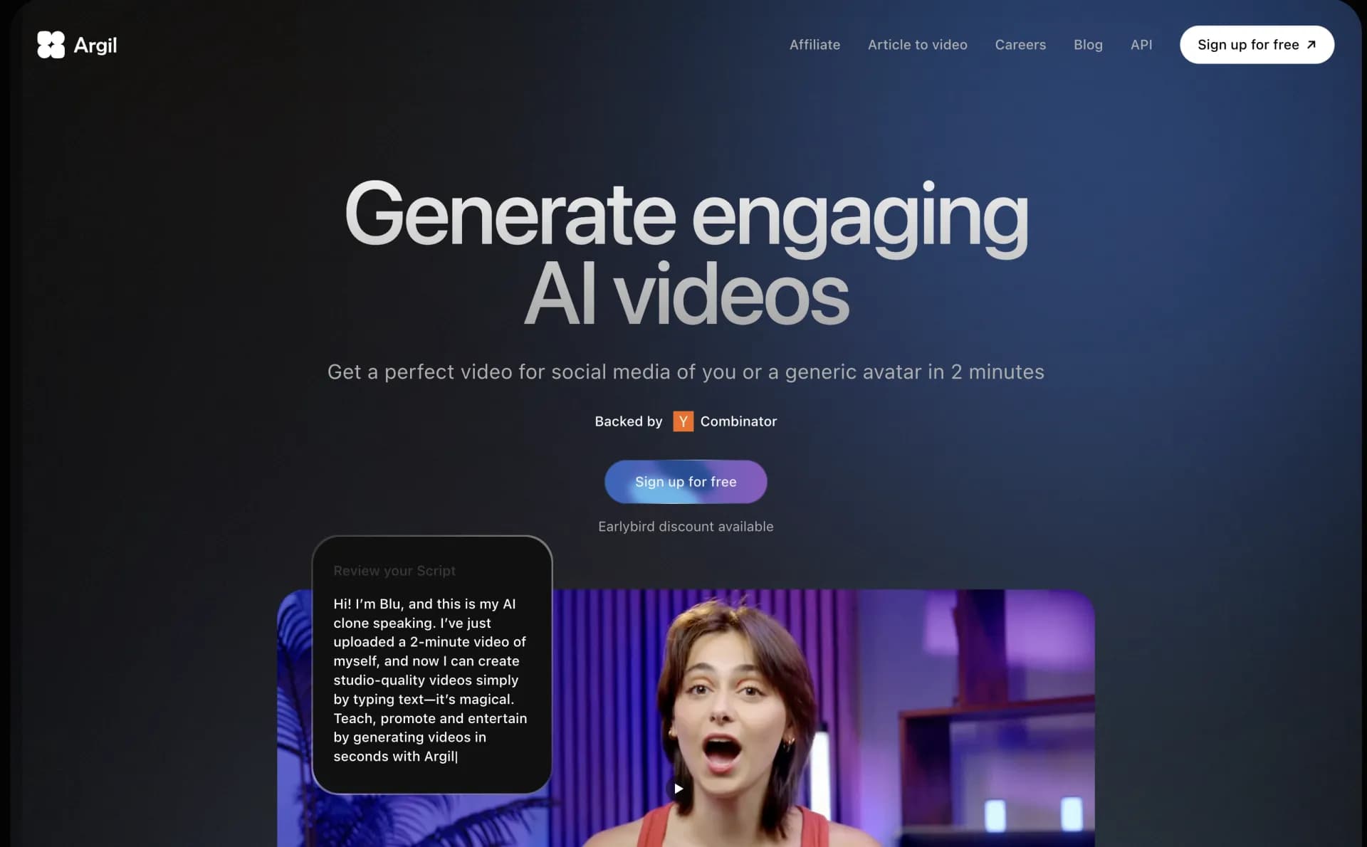 Argil homepage screenshot — Effortless AI Video Creation for Social, Education, and Ente