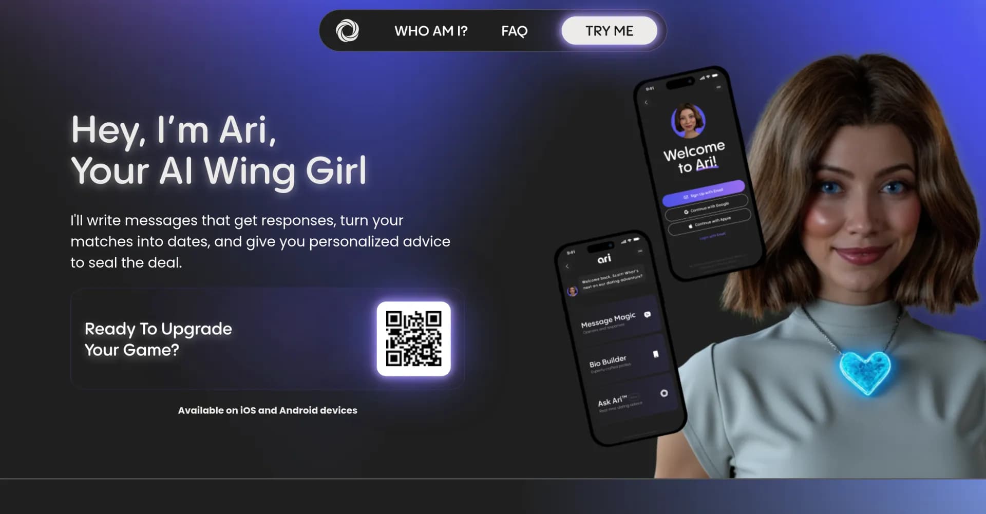 Ari - AI Wing Girl homepage screenshot — Dating assistant that turns matches into dates