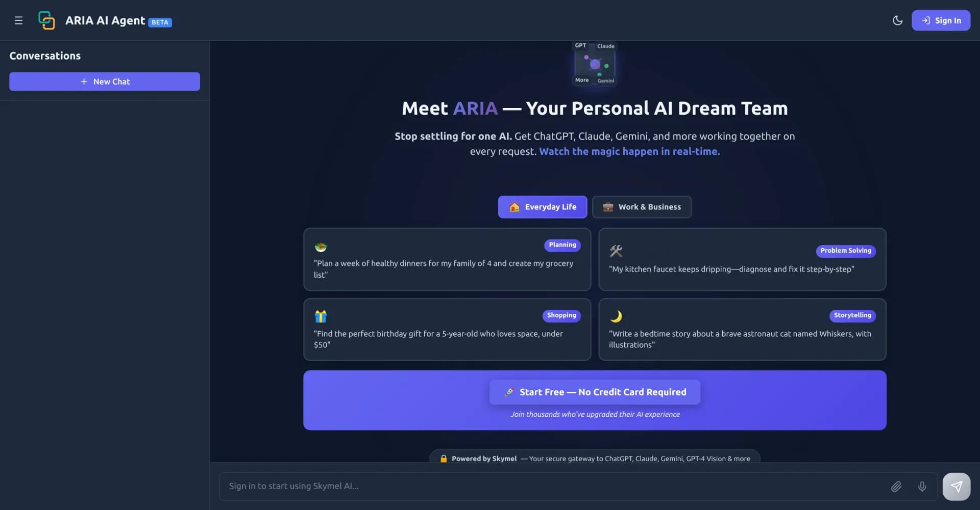 ARIA by Skymelv2.0.0 homepage screenshot — Your personal AI dream team for every task