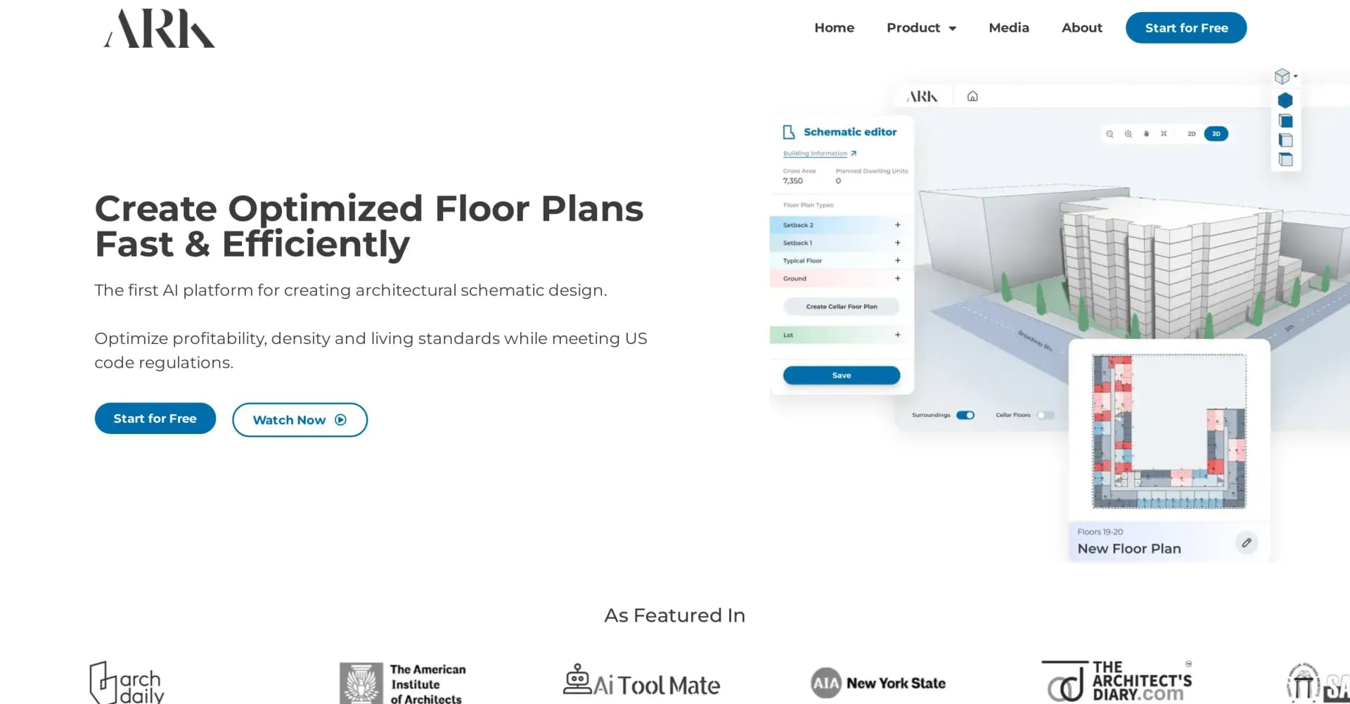 ArkDesign homepage screenshot — AI-powered architectural design optimization