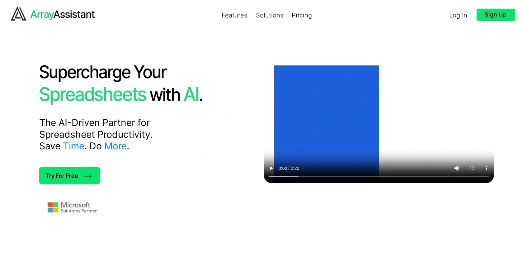 Array Assistant homepage screenshot — Supercharge spreadsheets with AI-driven productivity.