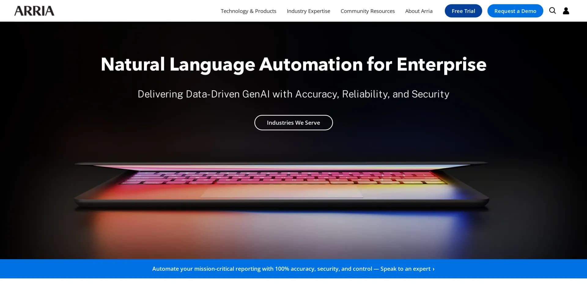 Arria homepage screenshot — Transform data into natural language insights.