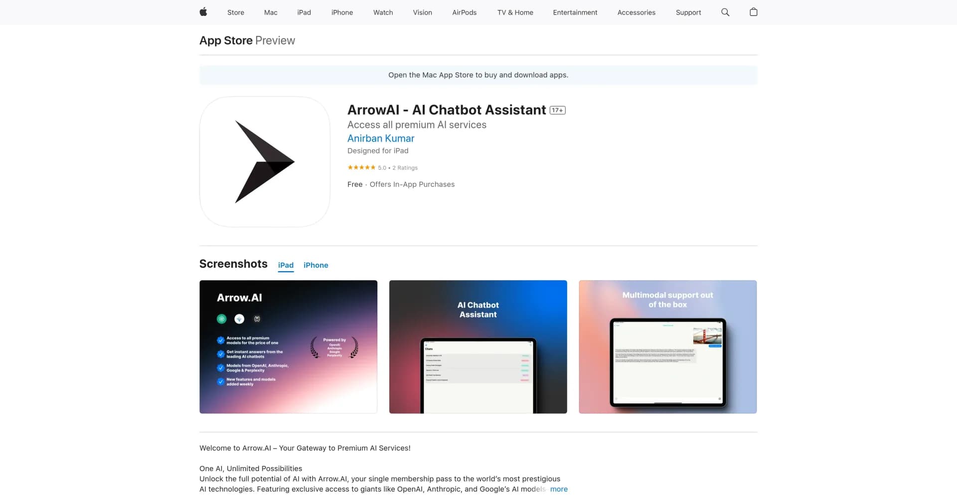 ArrowAI - AI Chatbot Assistant homepage screenshot — One AI, Unlimited Possibilities