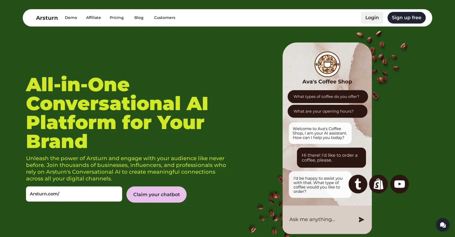 Arsturn AI homepage screenshot — Create custom ChatGPT for your site instantly.