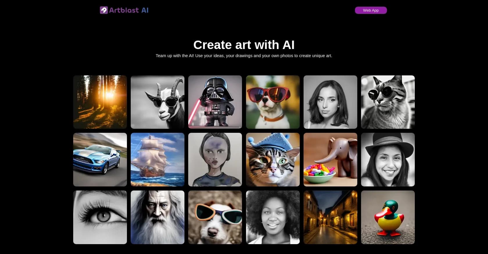 ArtblastAI homepage screenshot — Transform ideas into stunning AI-generated art.