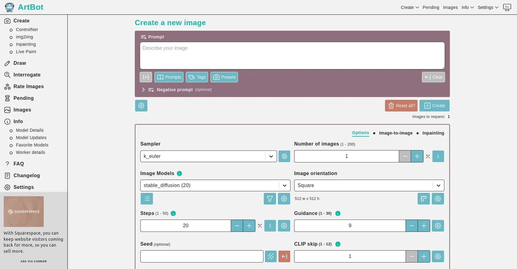 ArtBot homepage screenshot — Create AI images with Stable Diffusion for free