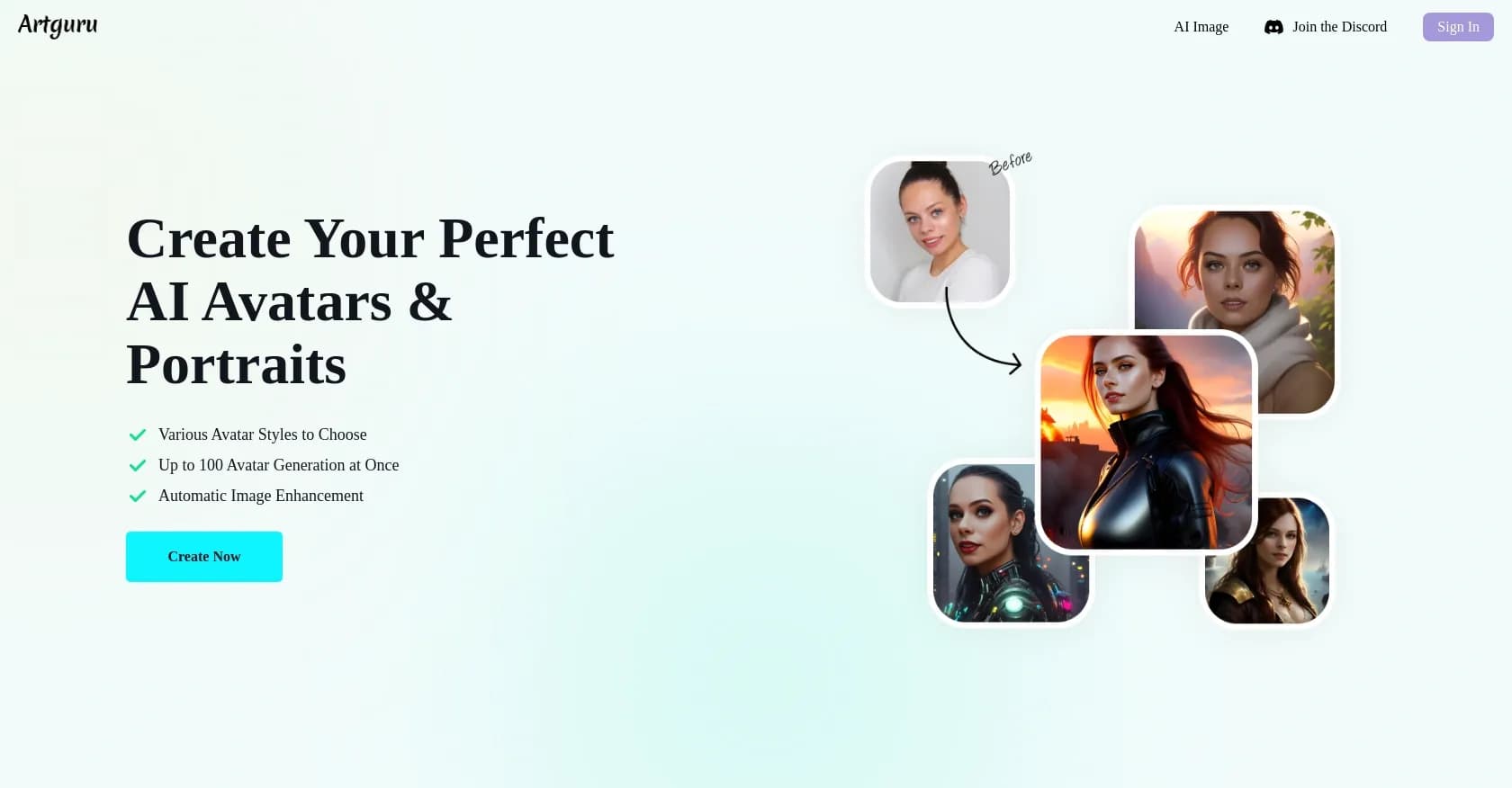 Artguru homepage screenshot — Create unique AI avatars in trendy styles