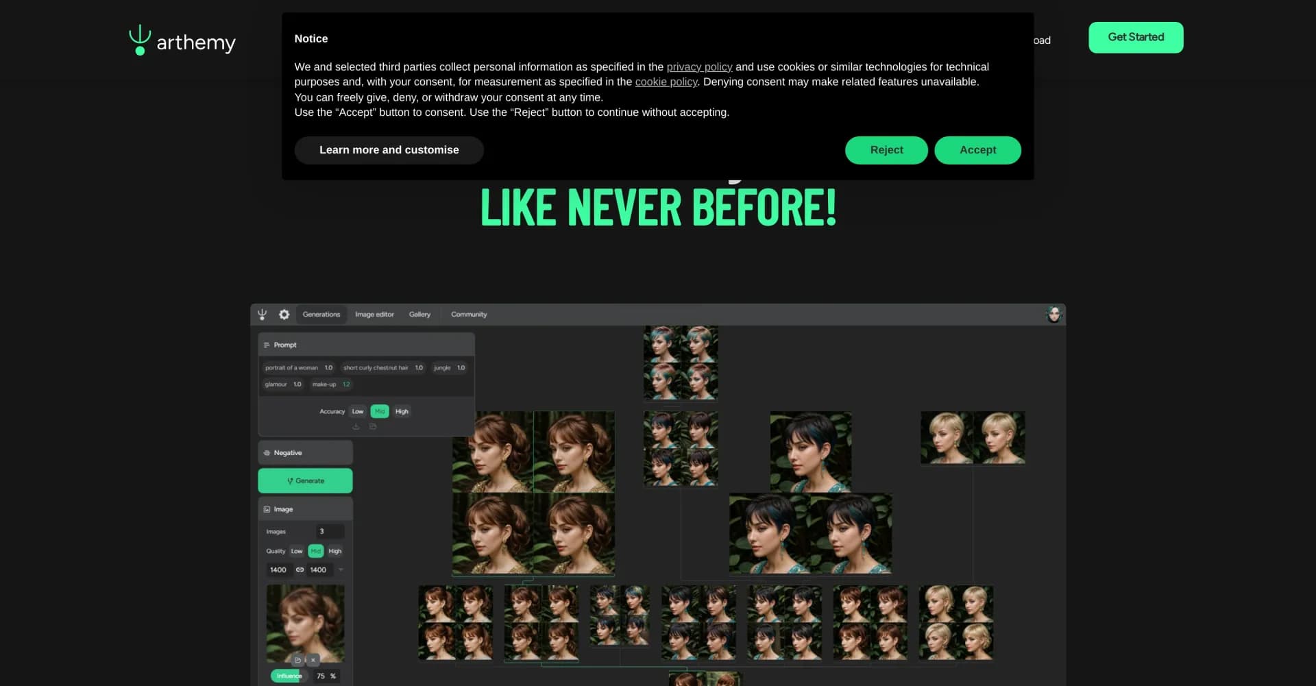 Arthemy homepage screenshot — Create evolving images with smart prompts