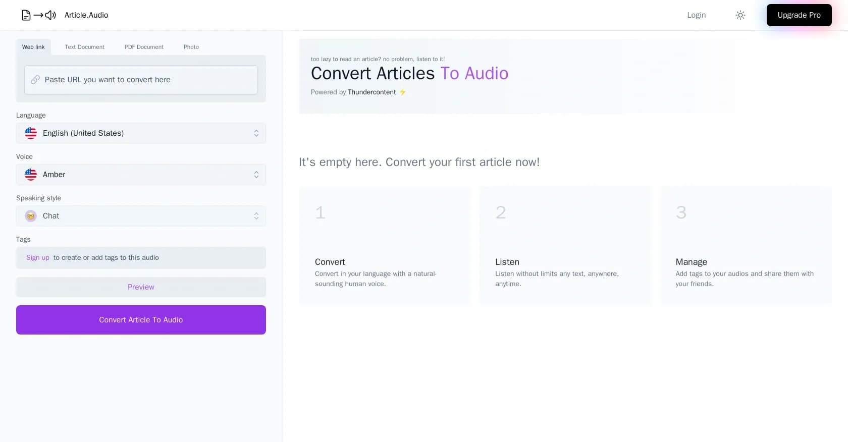 Article.Audio homepage screenshot — Turn articles into audio instantly