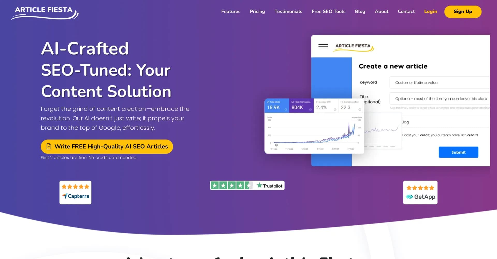 Article Fiesta homepage screenshot — AI-crafted SEO content that propels your brand