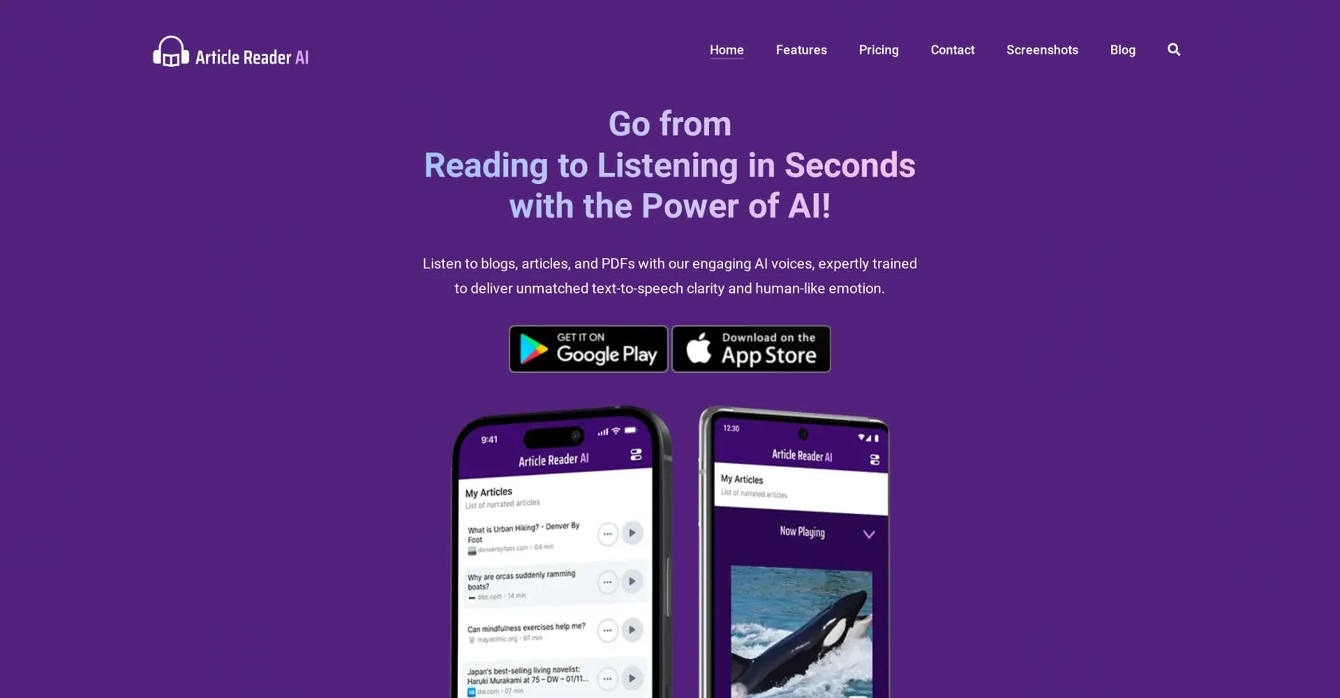Article Reader AI homepage screenshot — Turn text into captivating audio with AI.