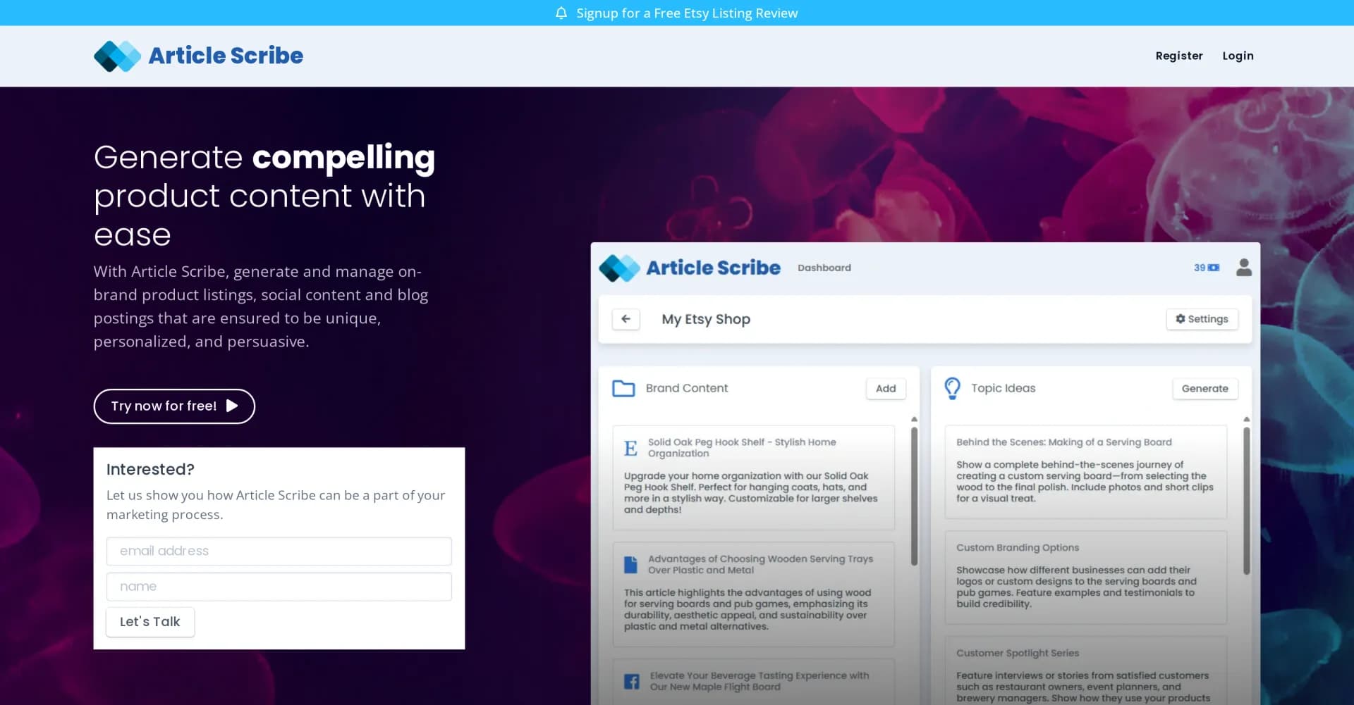 Article Scribe homepage screenshot — Generate compelling product content effortlessly.