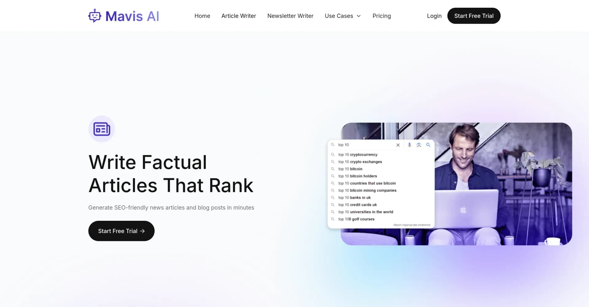 Article Writer - Mavis AI homepage screenshot — Generate SEO-friendly news articles in minutes.