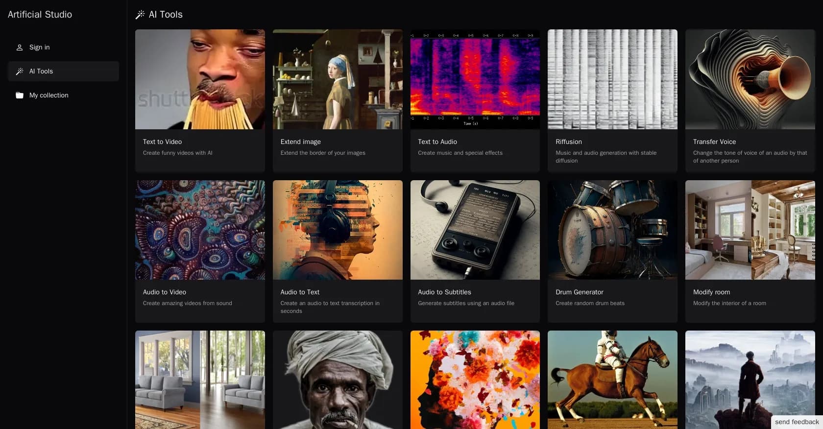 Artificial Studio homepage screenshot — Create AI-powered multimedia content in seconds.