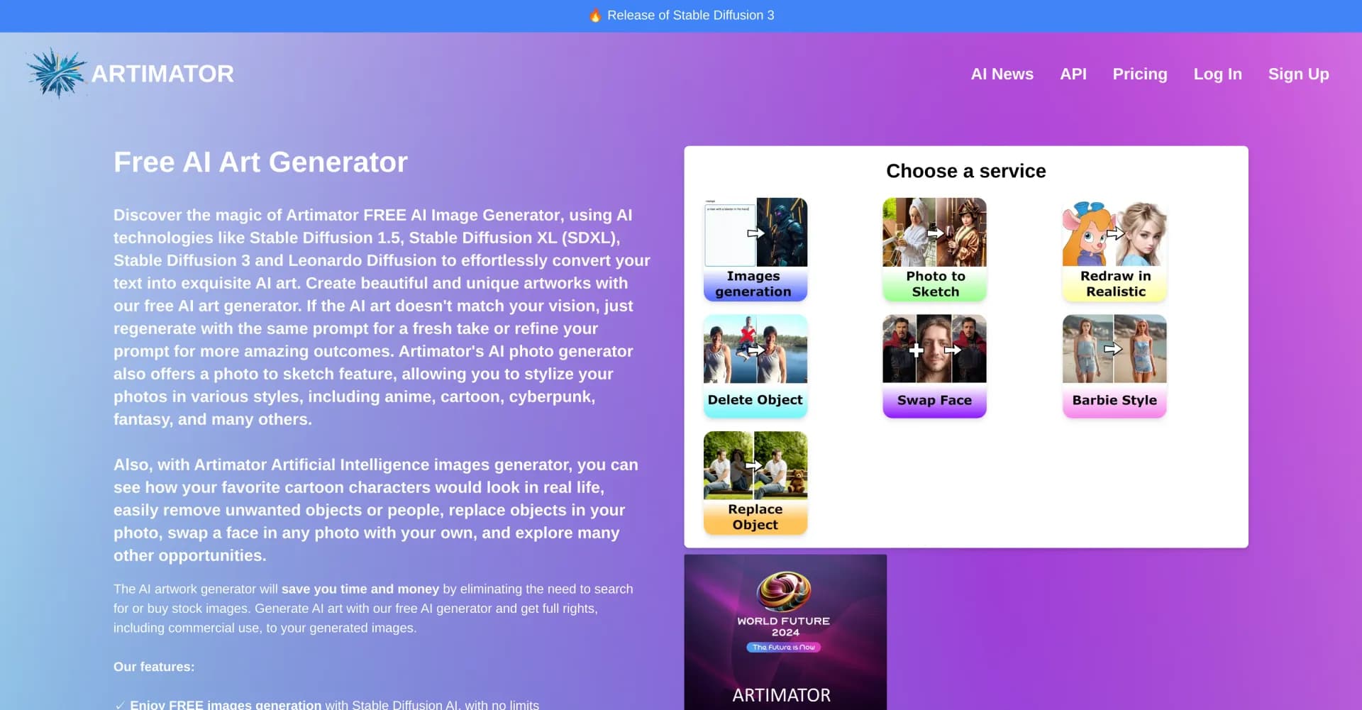 Artimator homepage screenshot — Create unique AI art from text descriptions.