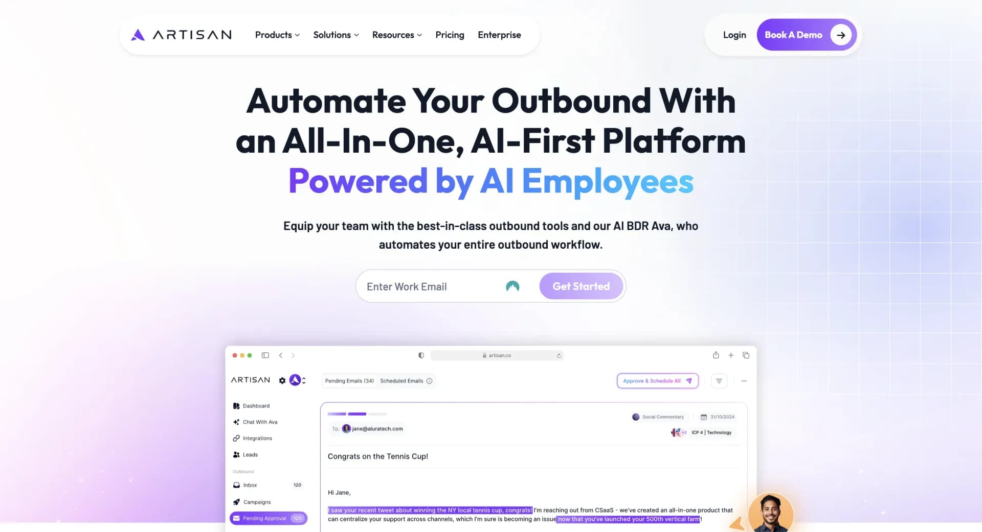 Artisan homepage screenshot — Building the first generation of AI employees.