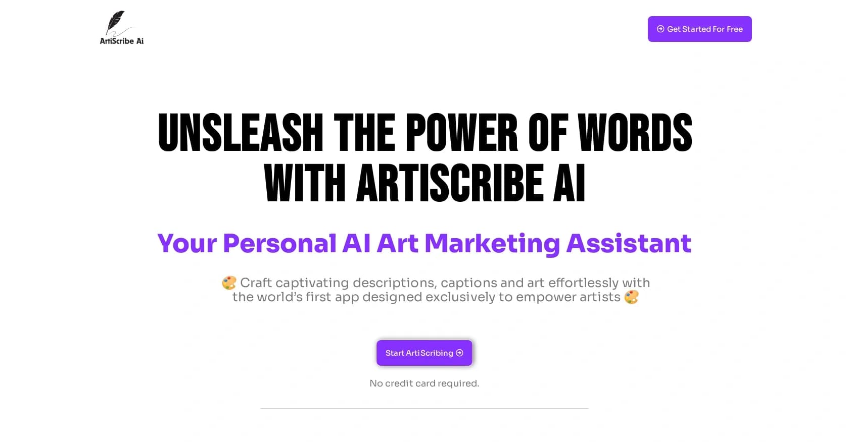 ArtiScribeAI homepage screenshot — AI-powered art marketing assistant for captivating descripti