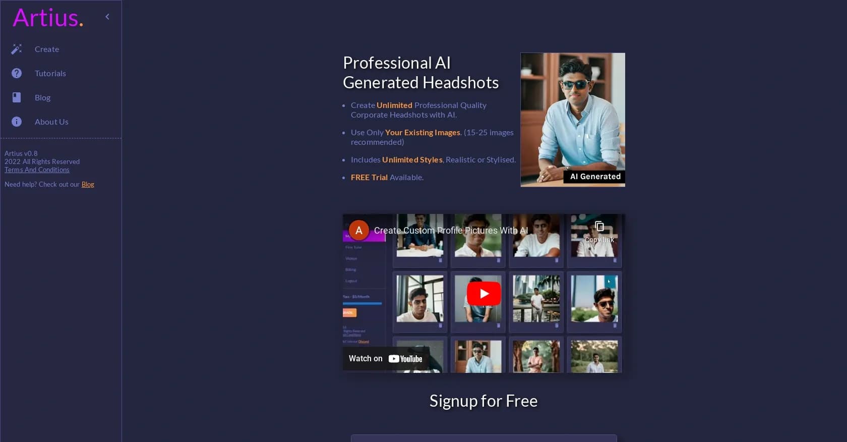 Artius homepage screenshot — AI-powered headshots: Elevate your brand image.