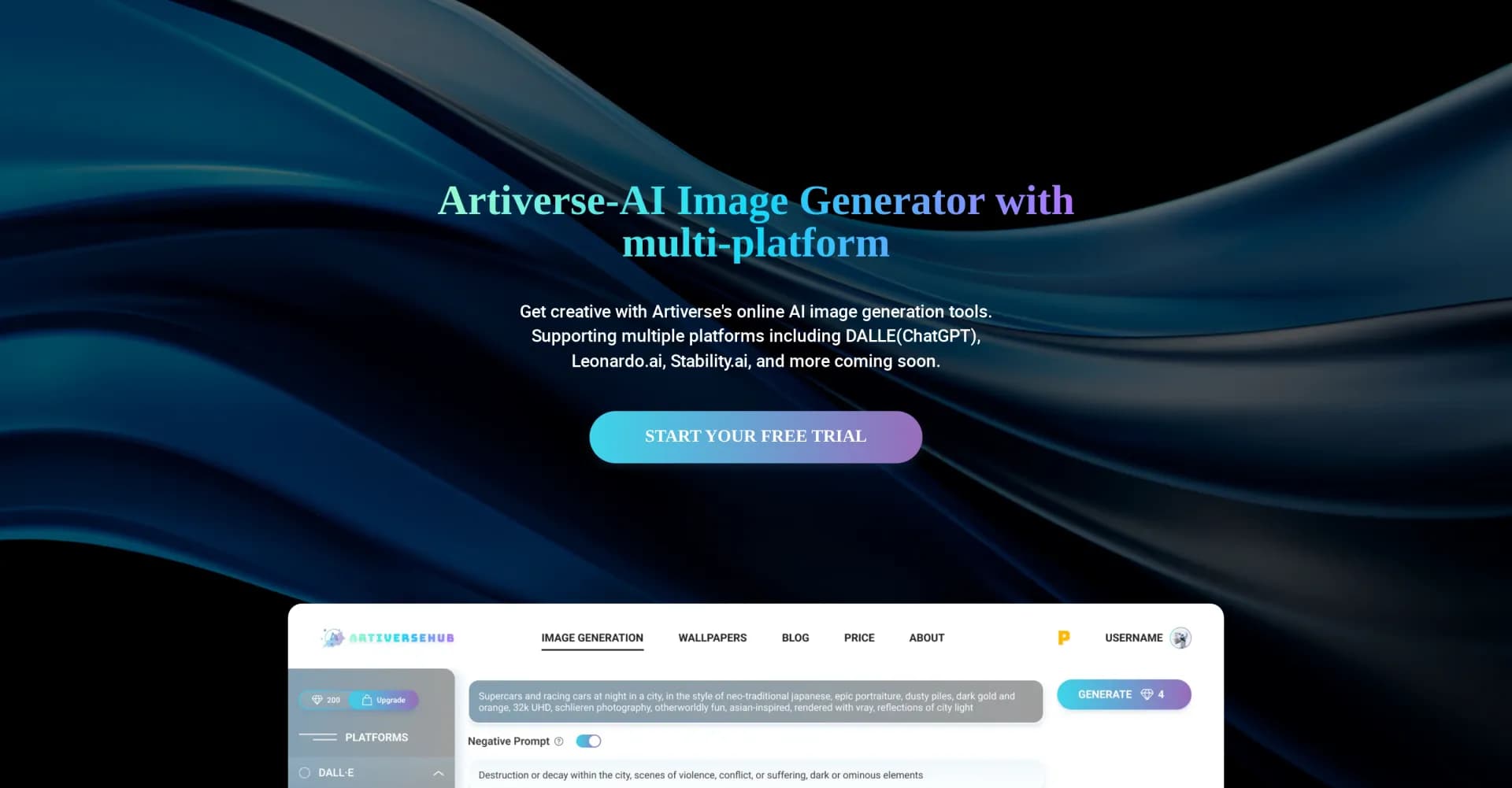 ArtiverseHub homepage screenshot — Multi-platform AI tool turns text into stunning images.