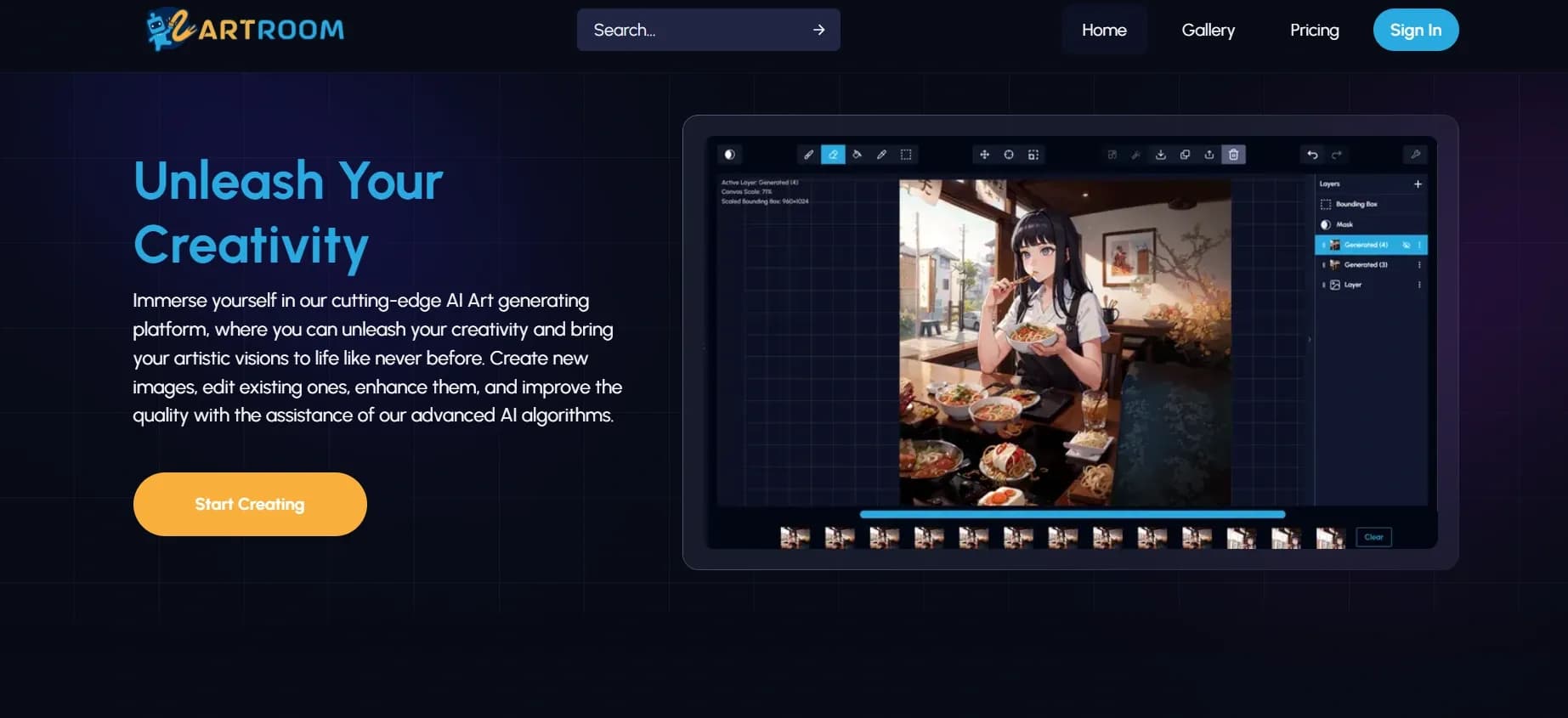 Artroom homepage screenshot — Create AI art effortlessly, no coding required.